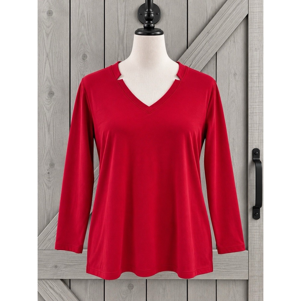 Belle Kim Gravel TripleLuxe Pima V-Neck Tunic Large Classic Red Notched A459398